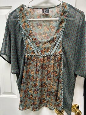 Fire Los Angeles Teal Floral Peasant Top with Rust Accents, semi sheer. Top only